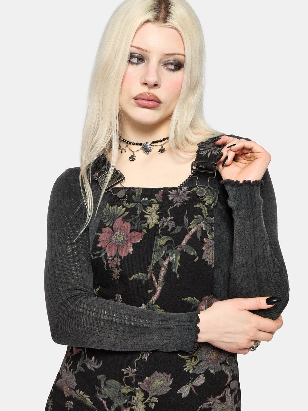 Disturbia Poison Eden Print Denim Dungaree Short Overalls Whimsigoth Alt Vibes - Picture 2 of 8